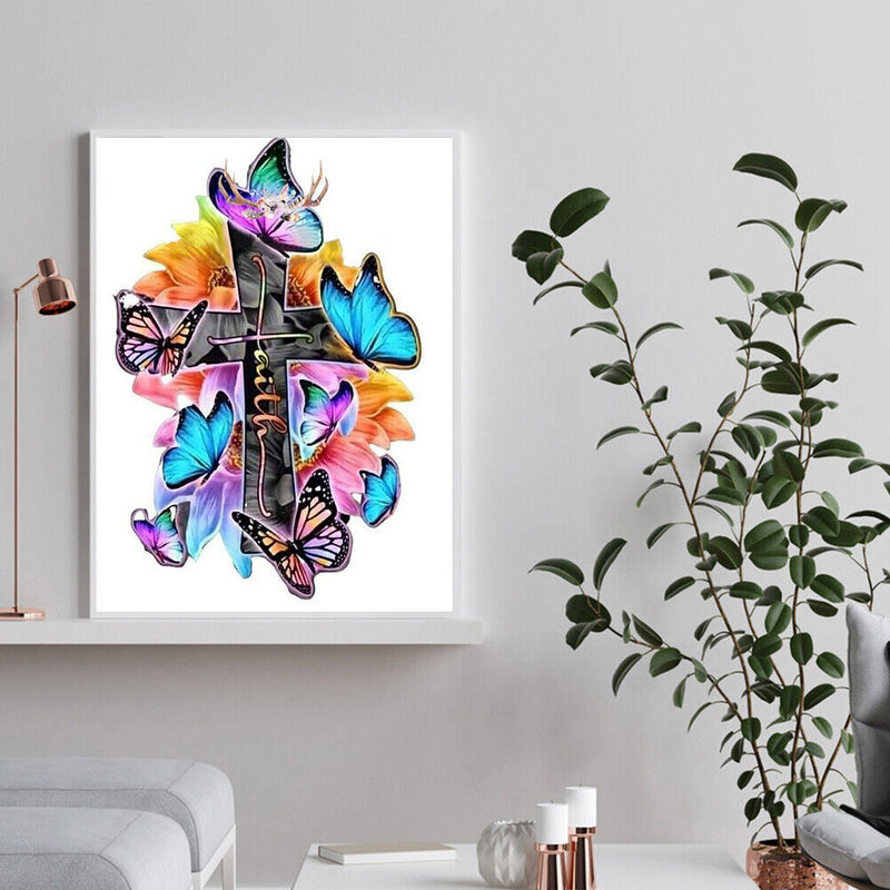 Butterfly on Cross Oil Paint By Numbers DIY Canvas Picture Wall Art Craft Gift