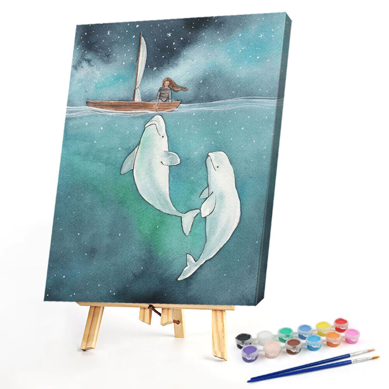 Frameless Oil Paint By Numbers DIY White Dolphin Girl Picture Craft Kit for Home