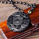 Lucky Obsidian Carving Pendant Yin Yang Dragon and BaGua Necklace Black X1D8