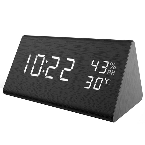 Wooden Digital Alarm Clock White LED Light Bedside USB Battery Voice Control US