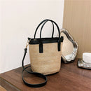 Women Fashion Bucket Straw Shoulder Bag Female PU Woven Totes Crossbody Handbags