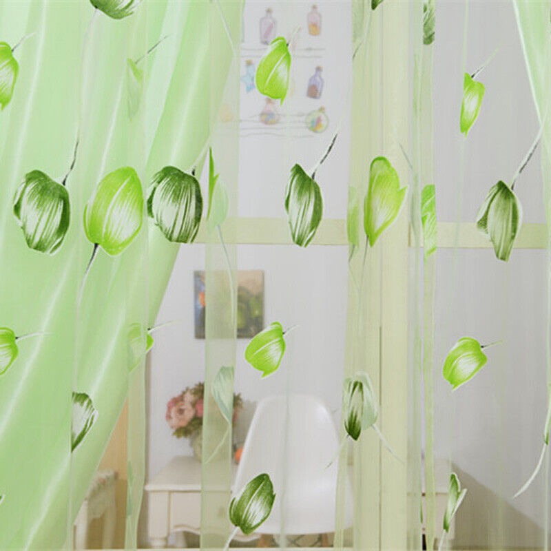 Tulip Flower Yarn Sheer Window Curtain Scarf Drapes for Bedroom (Green)