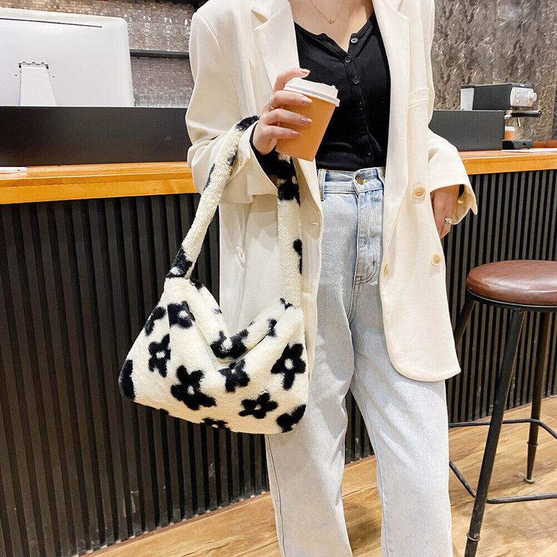 Animal Pattern Shoulder Underarm Bag Women Plush Top-handle Handbag (1)