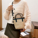 Women Fashion Bucket Straw Shoulder Bag Female PU Woven Totes Crossbody Handbags