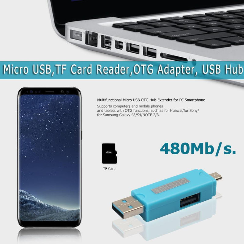 Asiprop Micro USB TF Card Reader OTG Adapter USB2.0 Hub Port for PC (Blue