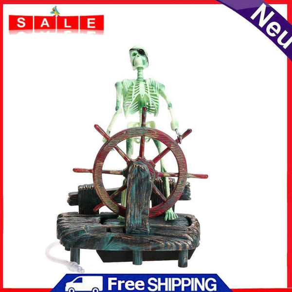 Nontoxic Pirate Captain Aquarium Decoration Landscape Skeleton on the Wheel Acti