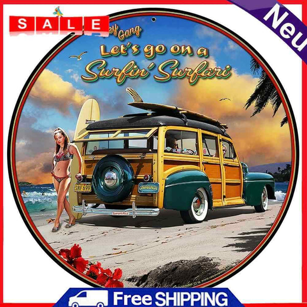 Beach Car Round Metal Plate Tin Sign Plate for Bar Pub Club Wall Art Poster Kit