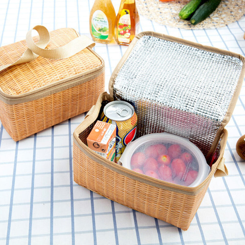 Portable Wicker Rattan Camping Picnic Bags Insulated Thermal Lunchbox Bag