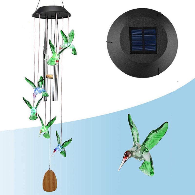 Colorful LED Solar Light Outdoor Wind Chime Hummingbird Pendant Lamps (A) Newly