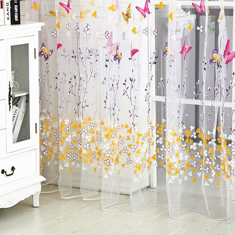Butterfly Floral Tulle Voile Window Curtain Drape Panel (Rose 100X200cm