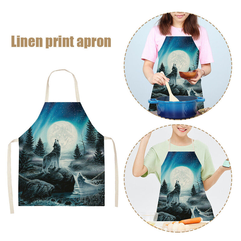 Kitchen Aprons for Women Men Household Baking Night Wolf Linen Cook Tablier