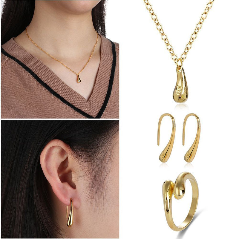 Wedding Necklace Women Ring Tear Drop Bracelet Earrings Open Bangle Jewelry Set
