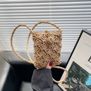 Straw Messenger Bag Boho Beach Hollow Shoulder Small Phone Purse (Khaki)