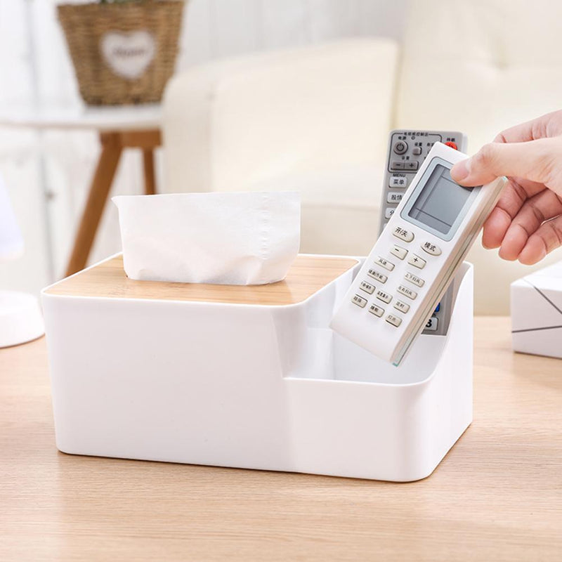 Wood Cover Tissue Storage Box Remote Control Phone Shelf Napkin Holder Case Home