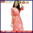Women Elegant Print Dress O Neck Frill Half Sleeve Lace Up Tunic A-line Dresses