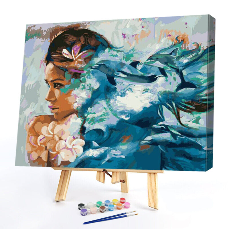 Girl and Dolphin Oil Paint By Numbers DIY Acrylic Painting on Canvas Drawing Kit