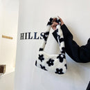 Women Flower Print Underarm Bag Cute Handbags Autumn Winter Plush Shoulder Bags