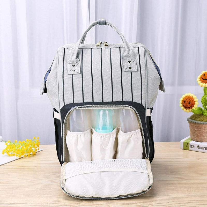 Stripes Waterproof Mummy Backpack Large USB Maternity Diaper Handbag(Black