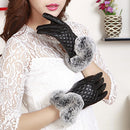 Women Rabbit Fur Ball PU Leather Gloves Winter Mitten Grid Gloves (Black)