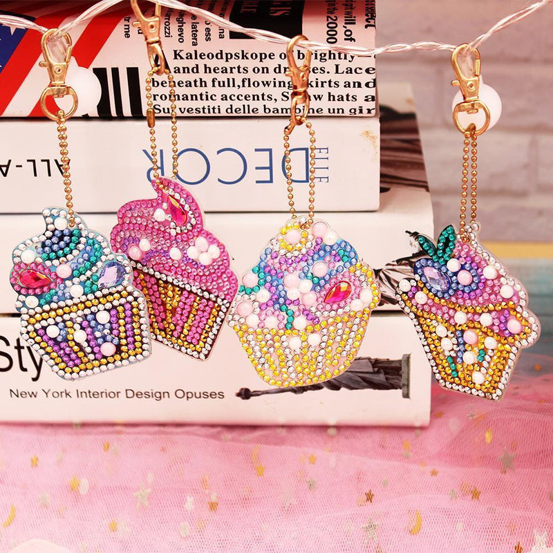4pcs/set DIY Diamond Painting Keychain Full Drill Rhinestone Cake Shape Pendant