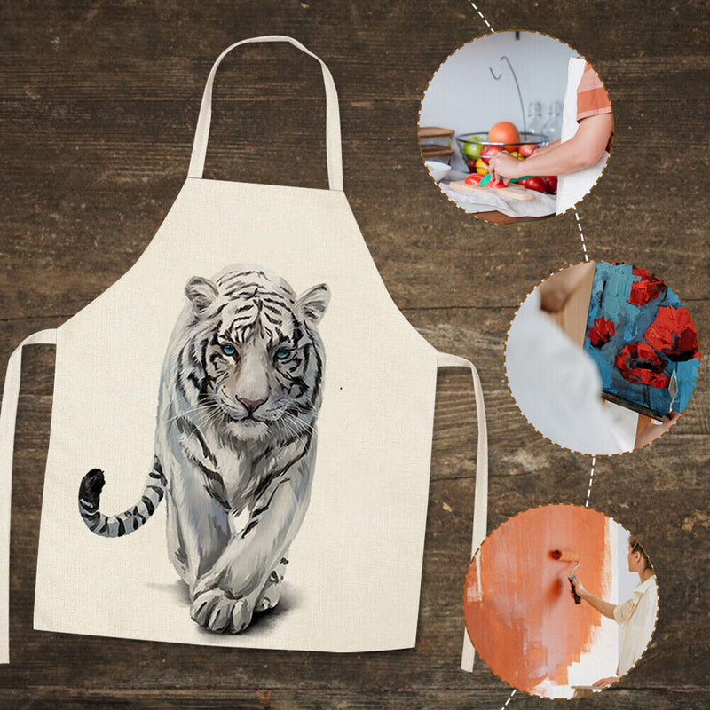 #A White Tiger Print Apron Linen Waterproof Cooking Bib Sleeveless Kitchen Oil