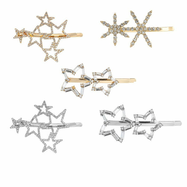 Women Pentagram Headwear Star Shiny Metal Hairgrip Rhinestone Crystal Hair Clip