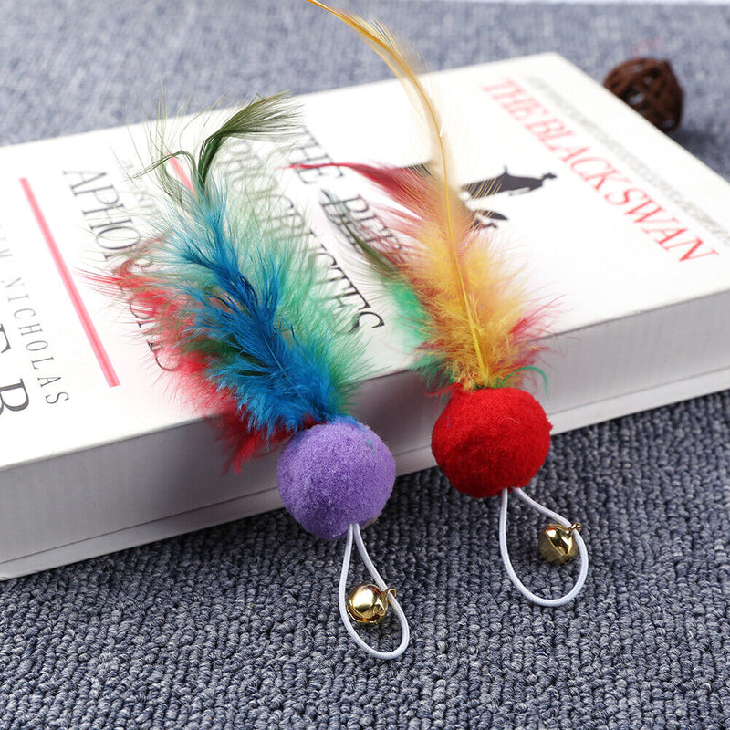 10pcs Feather Teasing Toys Cat Pompom Ball Pet Teaser Bell Sound Interactiv