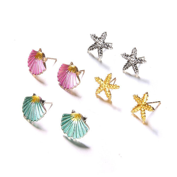 Women Bohemian Fashion Jewelry 4 Pairs/Set Starfish Stud Earrings Shell