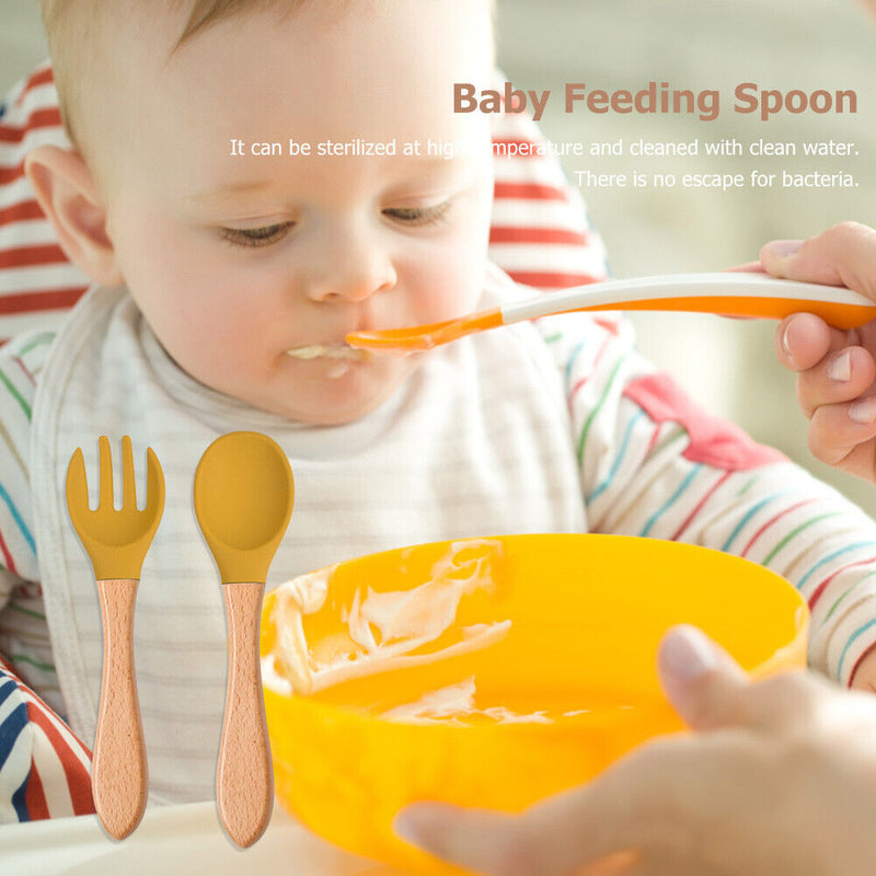 Baby Wooden Silicone Feeding Spoon Toddlers BPA-free Tableware (17) Newly