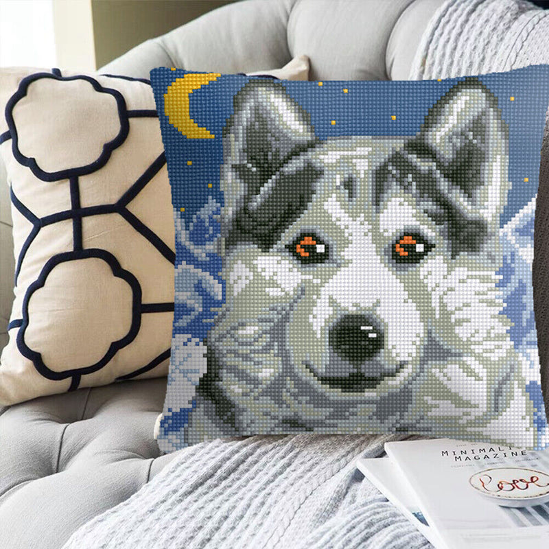 6CT Pillow Cover Kits Stamped DIY Husky Dog Embroidery Cross Stitch Pillowcase