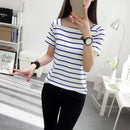 Stripe Print T-shirts Women Summer Square Collar Patchwork Short Sleeve Tops