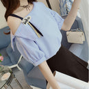Fashion Women Short Sleeve Stripe Off Shoulder Loose T-Shirts Tops (Blue M)