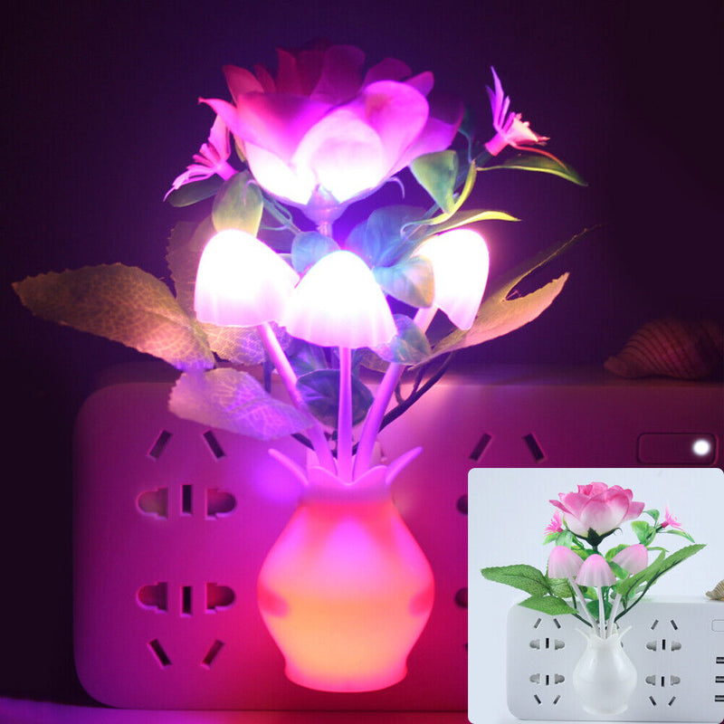 US Plug-in LED Night Lamp Flower Colorful Light Sensor Bedroom Home (LJ-3) Newly