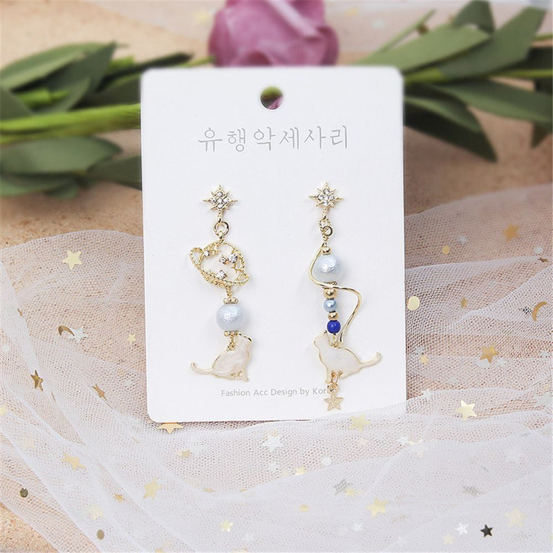 Elegant Jewelry Sweet Starlight Asymmetric Earrings Cute Cat Rhinestone Tassel