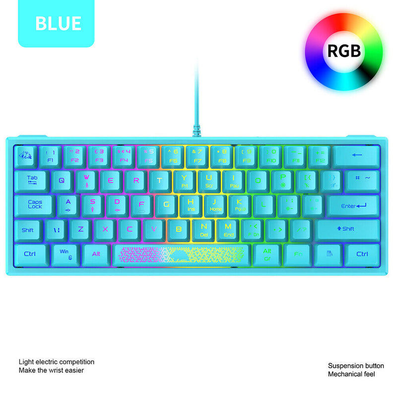 K61 RGB Wired Keyboard 60 Percent 62 Keys Ergonomic Gaming Keyboard (Blue)