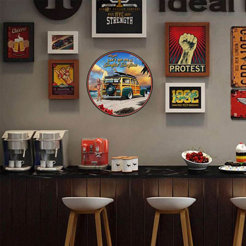 Beach Car Round Metal Plate Tin Sign Plate for Bar Pub Club Wall Art Poster Kit