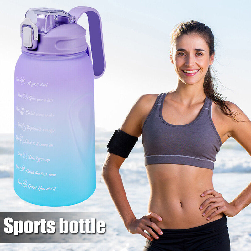 2L Water Bottle Straw Cup Time Marker Sports Drinking Fitness Jugs (Purple)