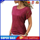 Women Print T-shirts Summer O Neck Short Sleeve Hollow Tops (Wine Red 2XL)