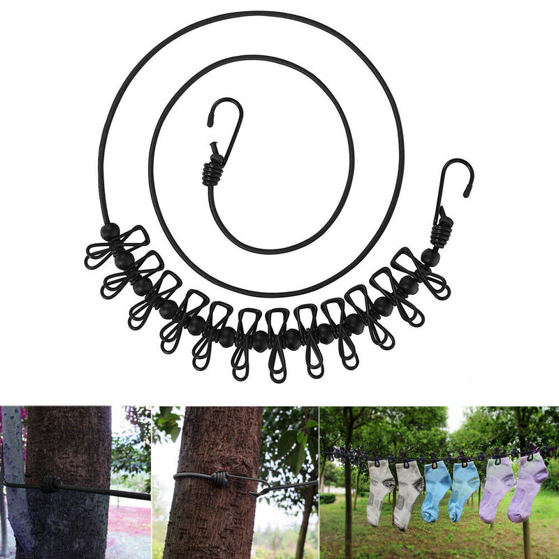 Portable Travel Clothesline with 12 Clips Stretchy Camping Laundry Drying R