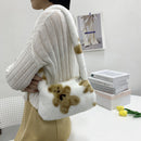 Retro Women Flower Print Shoulder Underarm Bag Winter Plush Purse (Khaki)
