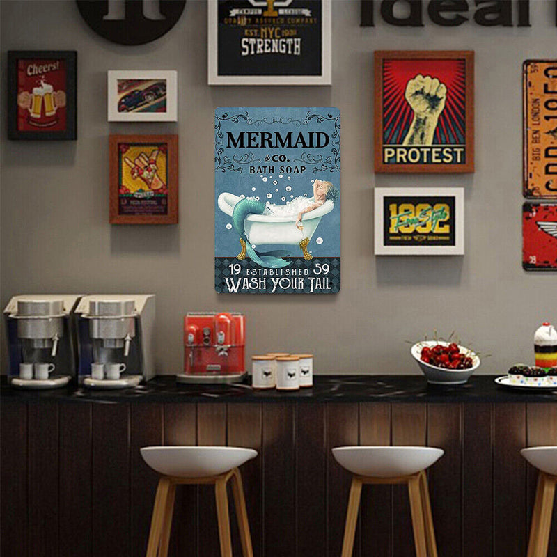 Retro Bathing Mermaid Metal Plate Painting for Bar Pub Tin Plaque Wall Sign