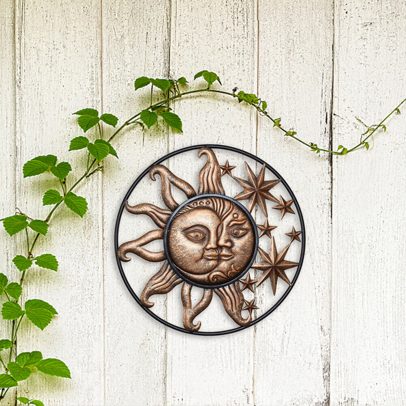 Metal Sun Moon Wall Hanging Sculpture Wrought Iron Ornament Art for Home Decor