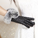 Women Rabbit Fur Ball PU Leather Gloves Winter Mitten Grid Gloves (Black)