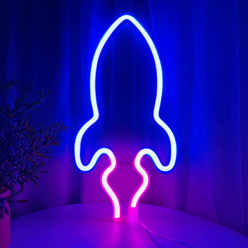 Desktop LED Neon Light Rocket Shape Flashing Night Lamp Home Bar Decor (D) Newly