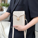 Straw Woven Phone Bag Women Weave PU Shoulder Handbag Small Purse (Beige)
