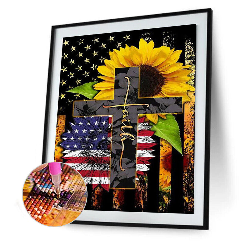 5D DIY Full Round Drill Diamond Painting Flag Flower on Cross Handmade Art Craft