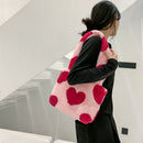 Women Love Heart Print Plush Shoulder Bag Fashion Winter Large Capacity Handbags