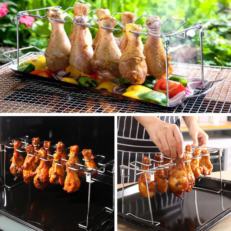 Folding Chicken Wing Leg Rack+Tray Stainless Steel Grill Roaster Stand BBQ