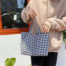 Women Portable Cloth Shopping Handbag Tote Plaid Food Picnic Bags (Black)