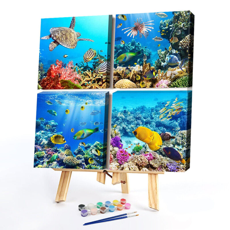 4 Panels Sea Life Oil Paint By Numbers Kits Canvas Drawing DIY Coloring Picture